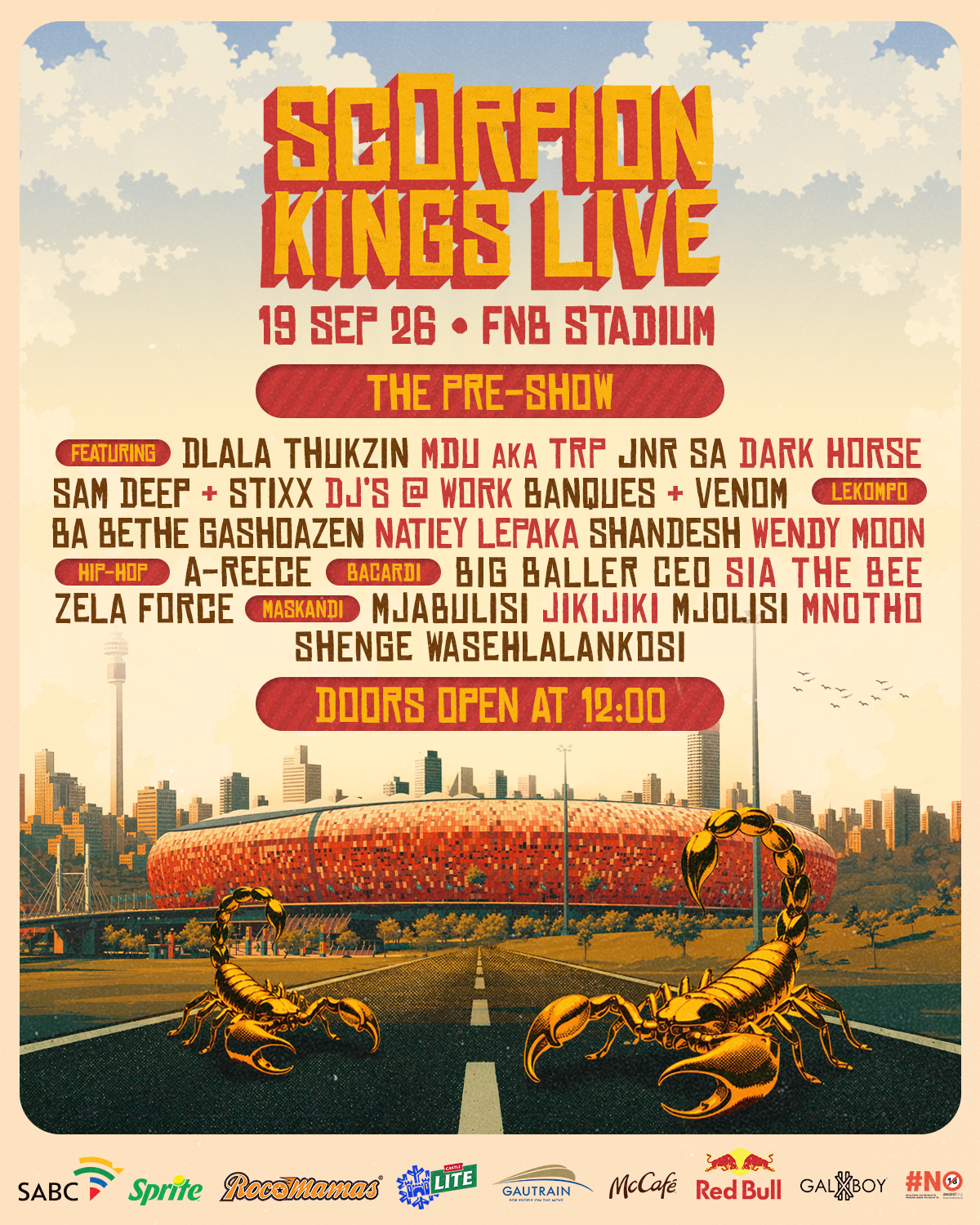 Scorpion Kings Live pre-show line-up poster — 19 September 2026, FNB Stadium, doors open 12:00