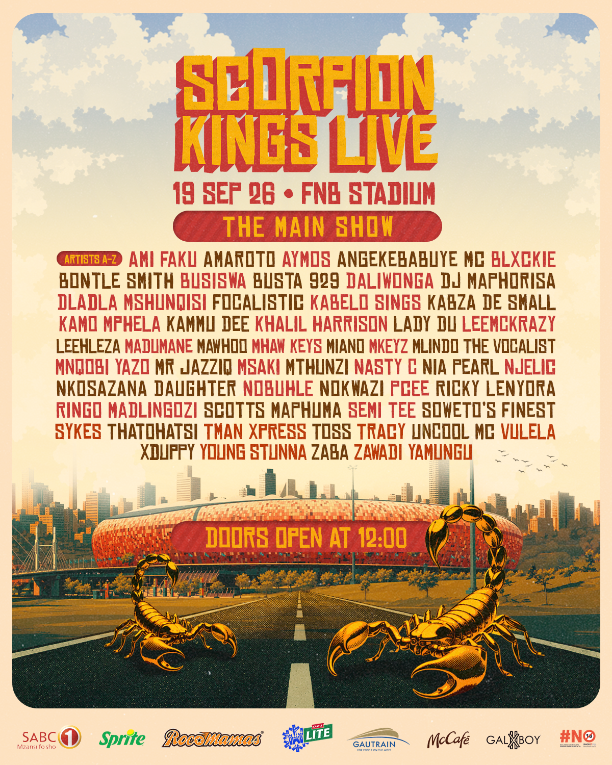 Scorpion Kings Live main show line-up poster — 19 September 2026, FNB Stadium, doors open 12:00, artists A–Z
