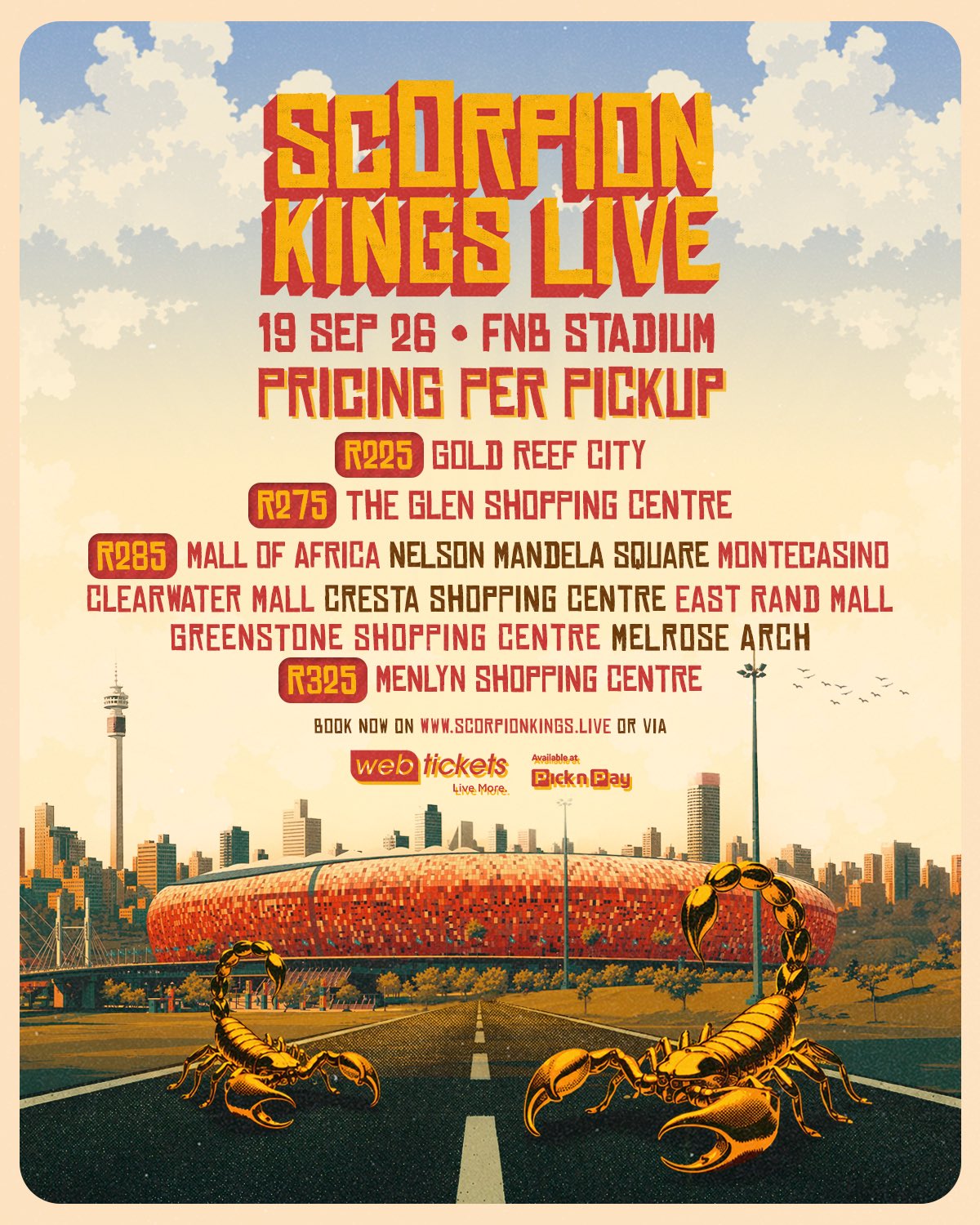 Park + Ride pricing per pick-up point, from R225 to R325.